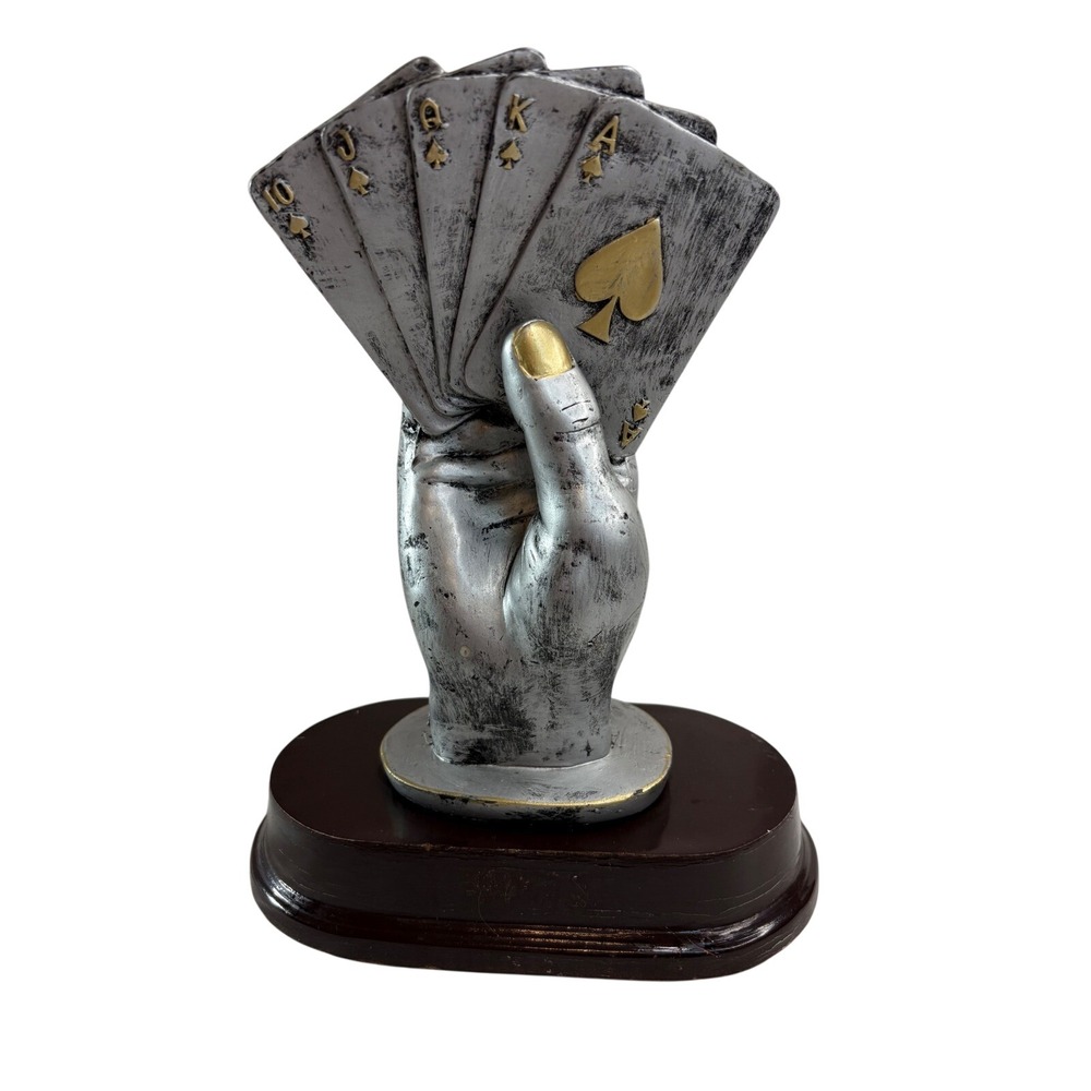 Royal Flush Poker Hand Sculpture Silver Gold Spades Figurine Casino Decor Trophy